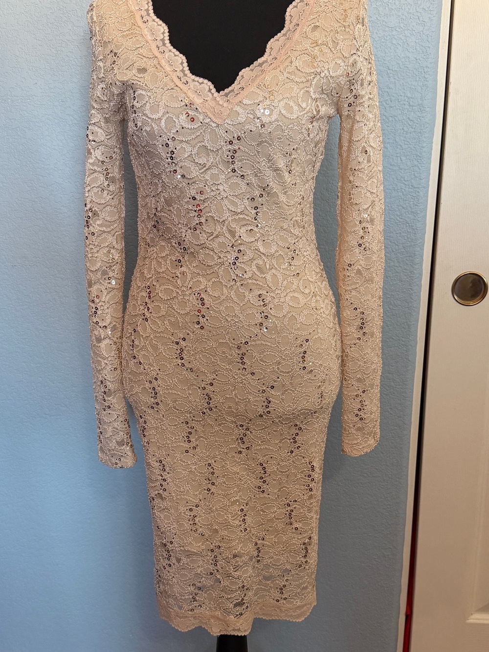 Lace Long-Sleeve V-Neck Bodycon Dress - Cream